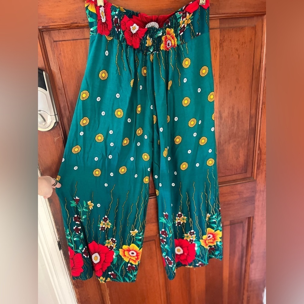 Boho Floral Wide Leg Pants Green | Elastic Waist Palazzo Beach Festival Size M - Picture 1 of 10